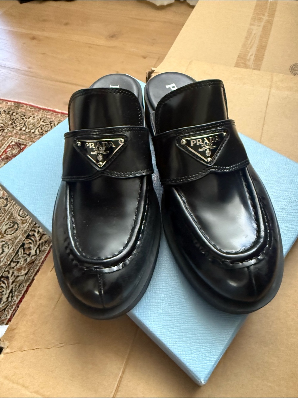 Prada Black Leather Logo-Plate Mule Loafers